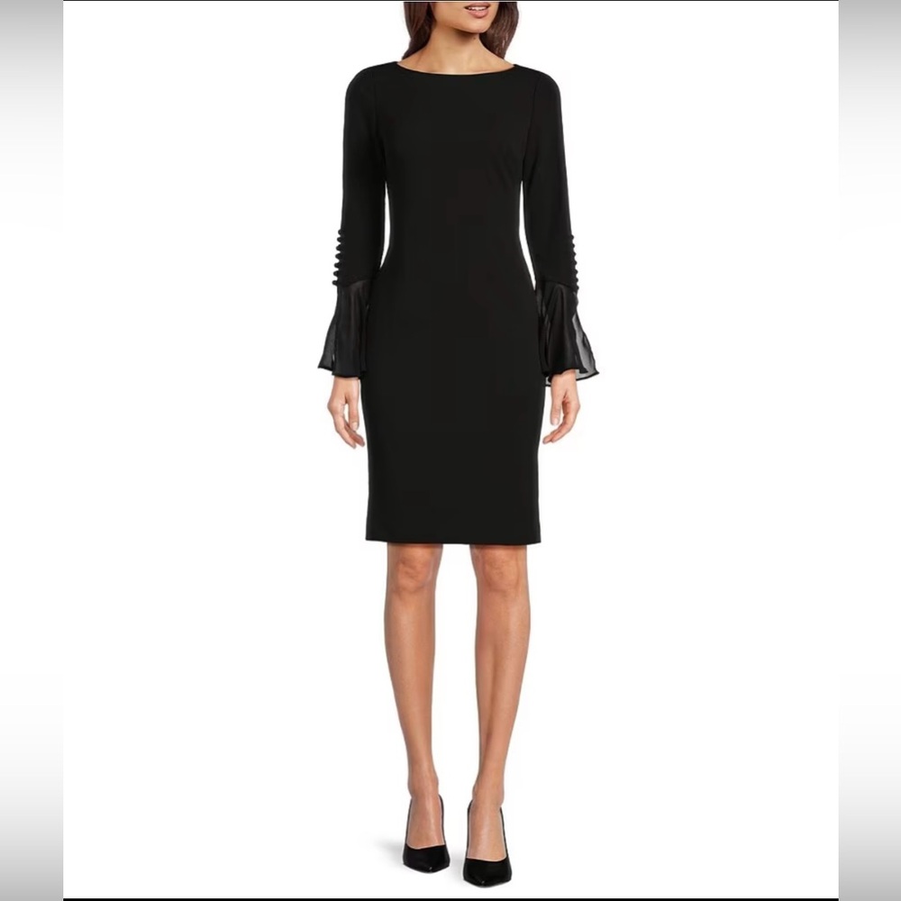 Calvin Klein Chiffon Black Long Sheer Bell Sleeve Round Neck Sheath Dress